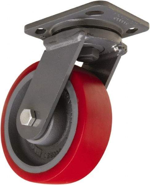 Hamilton - 6" Diam x 2" Wide x 7-1/2" OAH Top Plate Mount Swivel Caster - Polyurethane Mold onto Cast Iron Center, 1,400 Lb Capacity, Sealed Precision Ball Bearing, 4 x 5" Plate - Caliber Tooling