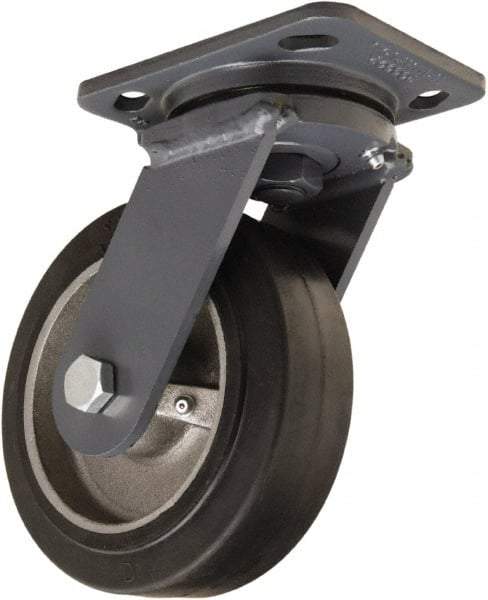 Hamilton - 6" Diam x 2" Wide x 7-1/2" OAH Top Plate Mount Swivel Caster - Rubber Mold on Cast Iron, 410 Lb Capacity, Tapered Roller Bearing, 4 x 5" Plate - Caliber Tooling