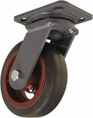 Hamilton - 6" Diam x 2" Wide x 7-1/2" OAH Top Plate Mount Swivel Caster - Rubber Mold on Cast Iron, 410 Lb Capacity, Straight Roller Bearing, 4 x 5" Plate - Caliber Tooling