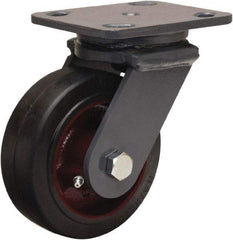 Hamilton - 5" Diam x 2" Wide x 6-1/2" OAH Top Plate Mount Swivel Caster - Rubber Mold on Cast Iron, 350 Lb Capacity, Straight Roller Bearing, 4 x 5" Plate - Caliber Tooling