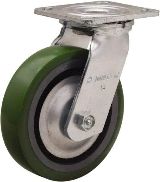 Hamilton - 6" Diam x 1-1/2" Wide x 7-1/2" OAH Top Plate Mount Swivel Caster - Polyurethane Mold onto Cast Iron Center, 850 Lb Capacity, Straight Roller Bearing, 4 x 4-1/2" Plate - Caliber Tooling