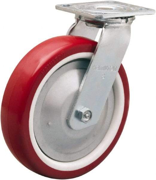 Hamilton - 8" Diam x 2" Wide x 9-1/2" OAH Top Plate Mount Swivel Caster - Polyurethane Mold on Polypropylene, 900 Lb Capacity, Straight Roller Bearing, 4 x 4-1/2" Plate - Caliber Tooling