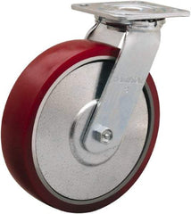 Hamilton - 8" Diam x 2" Wide x 9-1/2" OAH Top Plate Mount Swivel Caster - Polyurethane on Aluminum, 900 Lb Capacity, Straight Roller Bearing, 4 x 4-1/2" Plate - Caliber Tooling