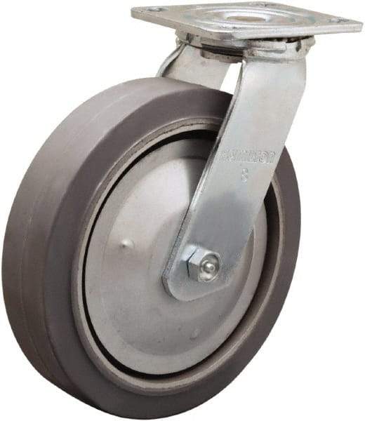 Hamilton - 8" Diam x 2" Wide x 9-1/2" OAH Top Plate Mount Swivel Caster - Rubber Mold on Aluminum, 500 Lb Capacity, Straight Roller Bearing, 4 x 4-1/2" Plate - Caliber Tooling