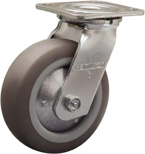 Hamilton - 6" Diam x 2" Wide x 7-1/2" OAH Top Plate Mount Swivel Caster - Rubber Mold on Polyolefin, 410 Lb Capacity, Straight Roller Bearing, 4 x 4-1/2" Plate - Caliber Tooling