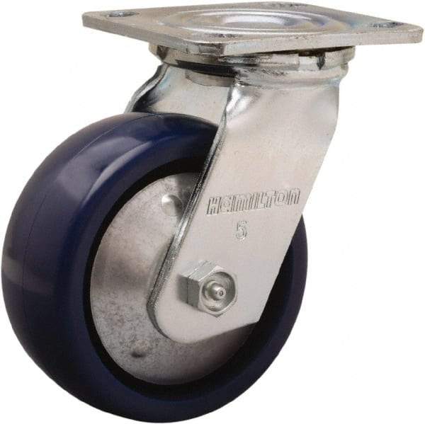 Hamilton - 5" Diam x 2" Wide x 6-1/2" OAH Top Plate Mount Swivel Caster - Polyurethane, 900 Lb Capacity, Sealed Precision Ball Bearing, 4 x 4-1/2" Plate - Caliber Tooling