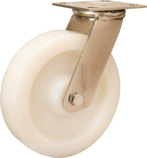 Hamilton - 8" Diam x 2" Wide x 9-1/2" OAH Top Plate Mount Swivel Caster - Nylon, 500 Lb Capacity, Stainless Steel Precision Ball Bearing, 3-3/4 x 4-1/2" Plate - Caliber Tooling