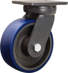 Hamilton - 8" Diam x 3" Wide x 10-1/2" OAH Top Plate Mount Swivel Caster - Polyurethane Mold onto Cast Iron Center, 2,000 Lb Capacity, Precision Tapered Roller Bearing, 5-1/4 x 7-1/4" Plate - Caliber Tooling