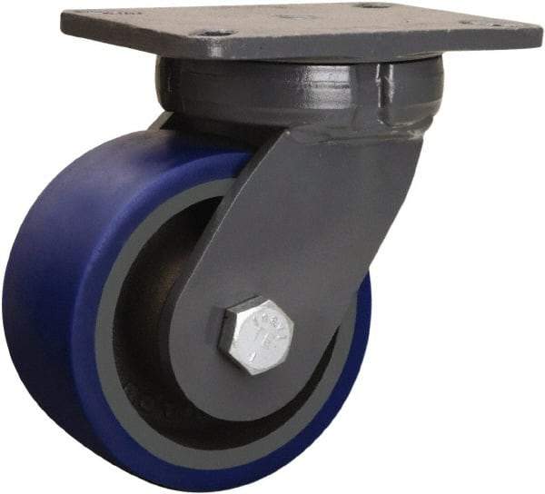 Hamilton - 6" Diam x 3" Wide x 8" OAH Top Plate Mount Swivel Caster - Polyurethane Mold onto Cast Iron Center, 1,800 Lb Capacity, Sealed Precision Ball Bearing, 5-1/4 x 7-1/4" Plate - Caliber Tooling