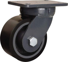 Hamilton - 6" Diam x 3" Wide x 8" OAH Top Plate Mount Swivel Caster - Polyurethane Mold onto Cast Iron Center, 2,860 Lb Capacity, Tapered Roller Bearing, 5-1/4 x 7-1/4" Plate - Caliber Tooling