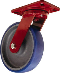 Hamilton - 8" Diam x 2" Wide x 9-3/4" OAH Top Plate Mount Swivel Caster - Polyurethane Mold onto Cast Iron Center, 1,200 Lb Capacity, Tapered Roller Bearing, 4-1/2 x 6-1/2" Plate - Caliber Tooling