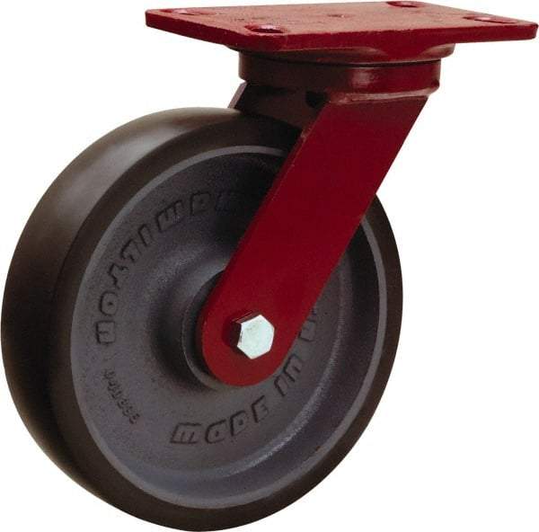 Hamilton - 8" Diam x 2" Wide x 9-3/4" OAH Top Plate Mount Swivel Caster - Polyurethane Mold onto Cast Iron Center, 1,950 Lb Capacity, Sealed Precision Ball Bearing, 4-1/2 x 6-1/2" Plate - Caliber Tooling