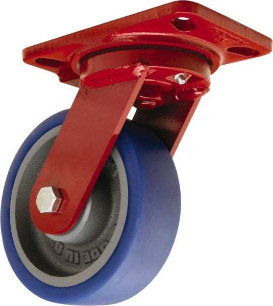 Hamilton - 6" Diam x 2" Wide x 7-3/4" OAH Top Plate Mount Swivel Caster - Polyurethane Mold onto Cast Iron Center, 960 Lb Capacity, Tapered Roller Bearing, 4-1/2 x 6-1/2" Plate - Caliber Tooling