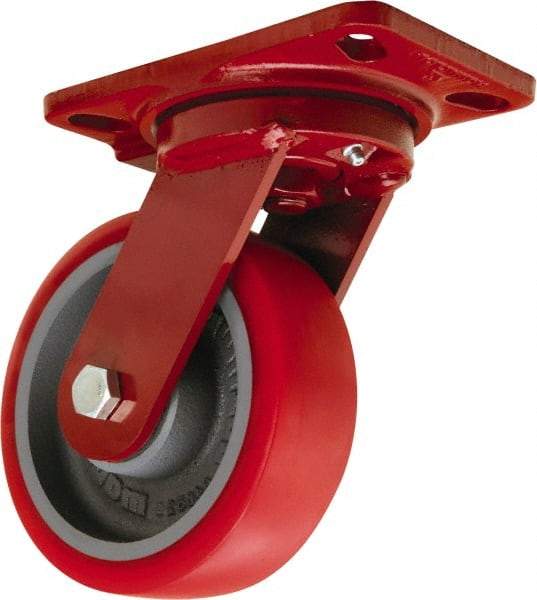 Hamilton - 6" Diam x 2" Wide x 7-3/4" OAH Top Plate Mount Swivel Caster - Polyurethane Mold on Forged Steel, 1,400 Lb Capacity, Tapered Roller Bearing, 4-1/2 x 6-1/2" Plate - Caliber Tooling