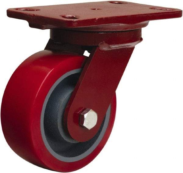 Hamilton - 5" Diam x 2" Wide x 6-3/4" OAH Top Plate Mount Swivel Caster - Polyurethane Mold on Forged Steel, 1,250 Lb Capacity, Tapered Roller Bearing, 4-1/2 x 6-1/2" Plate - Caliber Tooling