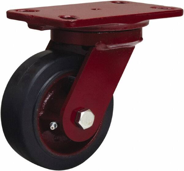 Hamilton - 5" Diam x 2" Wide x 6-3/4" OAH Top Plate Mount Swivel Caster - Rubber Mold on Cast Iron, 350 Lb Capacity, Straight Roller Bearing, 4-1/2 x 6-1/2" Plate - Caliber Tooling