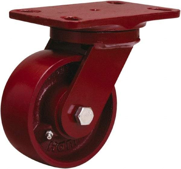 Hamilton - 5" Diam x 2" Wide x 6-3/4" OAH Top Plate Mount Swivel Caster - Cast Iron, 1,300 Lb Capacity, Sealed Precision Ball Bearing, 4-1/2 x 6-1/2" Plate - Caliber Tooling