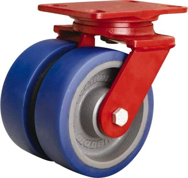 Hamilton - 6" Diam x 2" Wide x 7-3/4" OAH Top Plate Mount Swivel Caster - Polyurethane Mold onto Cast Iron Center, 1,920 Lb Capacity, Sealed Precision Ball Bearing, 4-1/2 x 6-1/2" Plate - Caliber Tooling