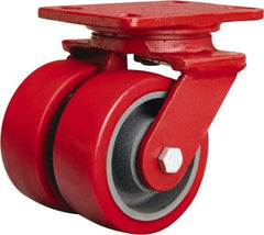 Hamilton - 4" Diam x 2" Wide x 5-5/8" OAH Top Plate Mount Dual Swivel Caster - Polyurethane Mold onto Cast Iron Center, 1,800 Lb Capacity, Sealed Precision Ball Bearing, 4-1/2 x 6-1/2" Plate - Caliber Tooling