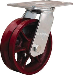 Hamilton - 6" Diam x 2" Wide, Iron Swivel Caster - 900 Lb Capacity, Top Plate Mount, 4-1/2" x 6-1/2" Plate, Straight Roller Bearing - Caliber Tooling