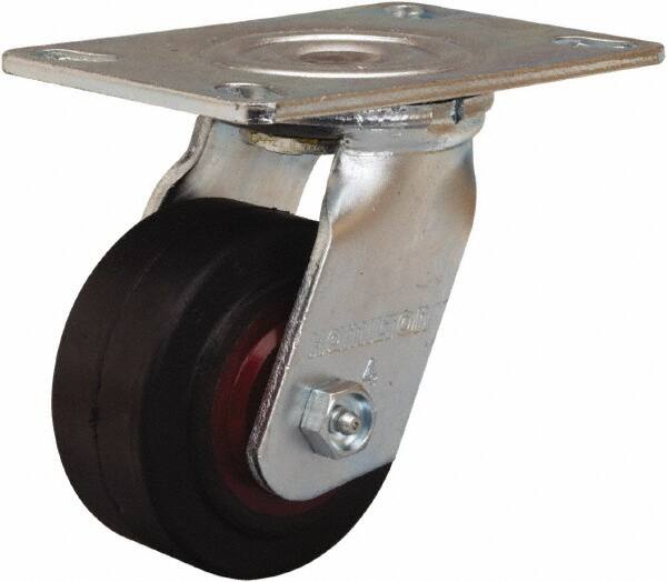 Hamilton - 4" Diam x 2" Wide x 5-5/8" OAH Top Plate Mount Swivel Caster - Rubber Mold on Cast Iron, 300 Lb Capacity, Straight Roller Bearing, 4-1/2 x 6-1/4" Plate - Caliber Tooling