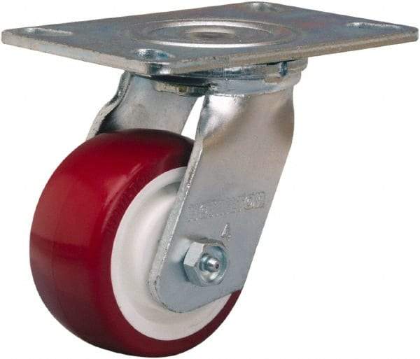 Hamilton - 4" Diam x 2" Wide x 5-5/8" OAH Top Plate Mount Swivel Caster - Polyurethane Mold on Polypropylene, 750 Lb Capacity, Straight Roller Bearing, 4-1/2 x 6-1/4" Plate - Caliber Tooling