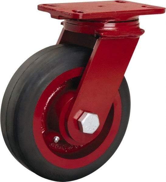 Hamilton - 8" Diam x 2-1/2" Wide x 10-1/8" OAH Top Plate Mount Swivel Caster - Rubber Mold on Cast Iron, 670 Lb Capacity, Tapered Roller Bearing, 4-1/2 x 6-1/2" Plate - Caliber Tooling