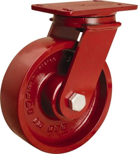 Hamilton - 8" Diam x 2-1/2" Wide x 10-1/8" OAH Top Plate Mount Swivel Caster - Cast Iron, 1,800 Lb Capacity, Straight Roller Bearing, 4-1/2 x 6-1/2" Plate - Caliber Tooling