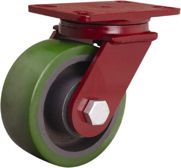 Hamilton - 6" Diam x 2-1/2" Wide x 7-1/2" OAH Top Plate Mount Swivel Caster - Polyurethane Mold onto Cast Iron Center, 1,600 Lb Capacity, Tapered Roller Bearing, 4-1/2 x 6-1/2" Plate - Caliber Tooling