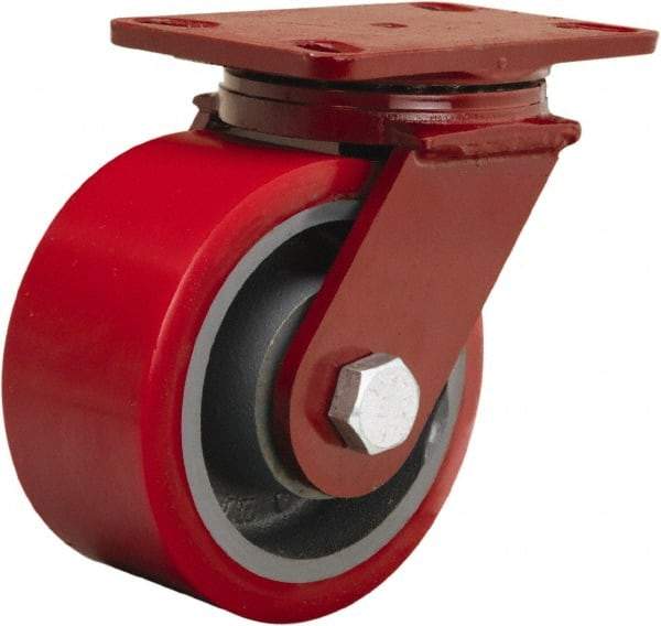 Hamilton - 6" Diam x 3" Wide x 7-1/2" OAH Top Plate Mount Swivel Caster - Polyurethane Mold onto Cast Iron Center, 2,200 Lb Capacity, Tapered Roller Bearing, 4-1/2 x 6-1/2" Plate - Caliber Tooling