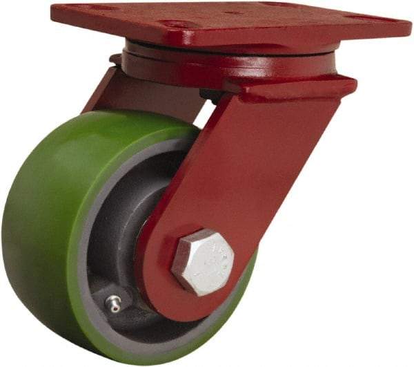 Hamilton - 5" Diam x 2-1/2" Wide x 7" OAH Top Plate Mount Swivel Caster - Polyurethane Mold onto Cast Iron Center, 1,300 Lb Capacity, Straight Roller Bearing, 4-1/2 x 6-1/2" Plate - Caliber Tooling