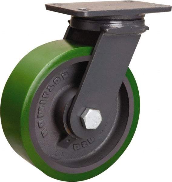 Hamilton - 8" Diam x 3" Wide x 10-1/4" OAH Top Plate Mount Swivel Caster - Polyurethane Mold onto Cast Iron Center, 2,400 Lb Capacity, Tapered Roller Bearing, 4-1/2 x 6-1/2" Plate - Caliber Tooling