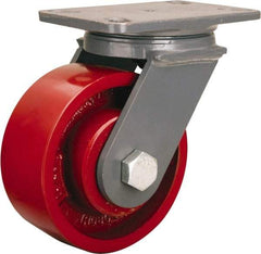 Hamilton - 6" Diam x 2-1/2" Wide x 7-3/4" OAH Top Plate Mount Swivel Caster - Cast Iron, 2,200 Lb Capacity, Tapered Roller Bearing, 4-1/2 x 6-1/2" Plate - Caliber Tooling