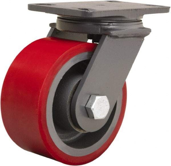 Hamilton - 6" Diam x 3" Wide x 7-3/4" OAH Top Plate Mount Swivel Caster - Polyurethane Mold onto Cast Iron Center, 2,400 Lb Capacity, Tapered Roller Bearing, 4-1/2 x 6-1/2" Plate - Caliber Tooling