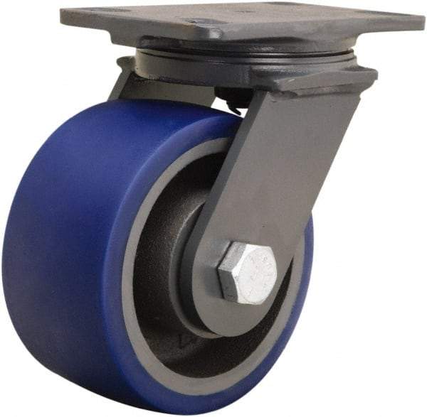 Hamilton - 6" Diam x 3" Wide x 7-3/4" OAH Top Plate Mount Swivel Caster - Polyurethane Mold onto Cast Iron Center, 1,800 Lb Capacity, Tapered Roller Bearing, 4-1/2 x 6-1/2" Plate - Caliber Tooling