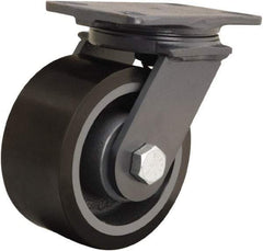 Hamilton - 6" Diam x 3" Wide x 7-3/4" OAH Top Plate Mount Swivel Caster - Polyurethane Mold onto Cast Iron Center, 2,200 Lb Capacity, Tapered Roller Bearing, 4-1/2 x 6-1/2" Plate - Caliber Tooling