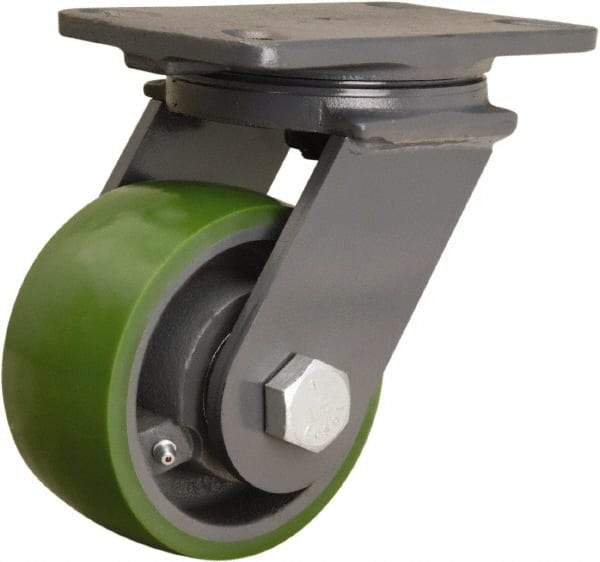 Hamilton - 5" Diam x 2-1/2" Wide x 7-1/4" OAH Top Plate Mount Swivel Caster - Polyurethane Mold onto Cast Iron Center, 1,300 Lb Capacity, Straight Roller Bearing, 4-1/2 x 6-1/2" Plate - Caliber Tooling