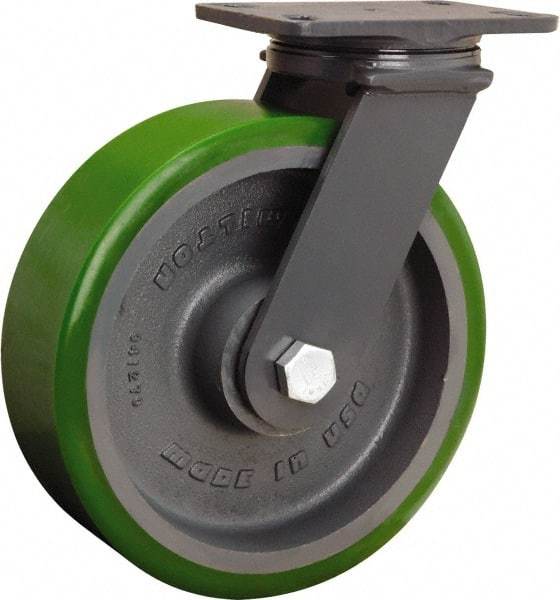 Hamilton - 10" Diam x 3" Wide x 12-1/16" OAH Top Plate Mount Swivel Caster - Polyurethane Mold onto Cast Iron Center, 2,400 Lb Capacity, Tapered Roller Bearing, 4-1/2 x 6-1/2" Plate - Caliber Tooling