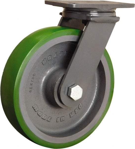 Hamilton - 10" Diam x 2-1/2" Wide x 12-1/16" OAH Top Plate Mount Swivel Caster - Polyurethane Mold onto Cast Iron Center, 2,400 Lb Capacity, Tapered Roller Bearing, 4-1/2 x 6-1/2" Plate - Caliber Tooling