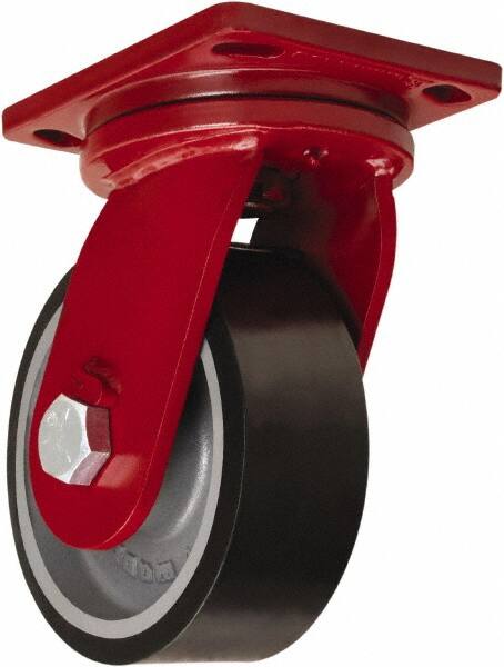 Hamilton - 8" Diam x 3" Wide x 10-1/2" OAH Top Plate Mount Swivel Caster - Polyurethane Mold onto Cast Iron Center, 3,250 Lb Capacity, Sealed Precision Ball Bearing, 6-1/2 x 7-1/2" Plate - Caliber Tooling