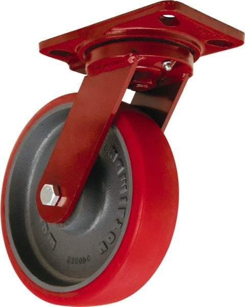 Hamilton - 8" Diam x 2" Wide x 9-3/4" OAH Top Plate Mount Swivel Caster - Polyurethane Mold onto Cast Iron Center, 1,800 Lb Capacity, Tapered Roller Bearing, 4-1/2 x 6-1/2" Plate - Caliber Tooling