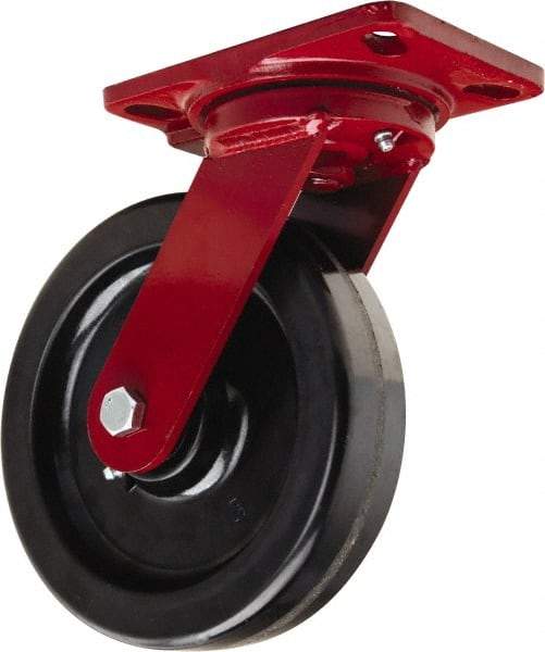 Hamilton - 8" Diam x 2" Wide x 9-3/4" OAH Top Plate Mount Swivel Caster - Phenolic, 1,400 Lb Capacity, Straight Roller Bearing, 4-1/2 x 6-1/2" Plate - Caliber Tooling