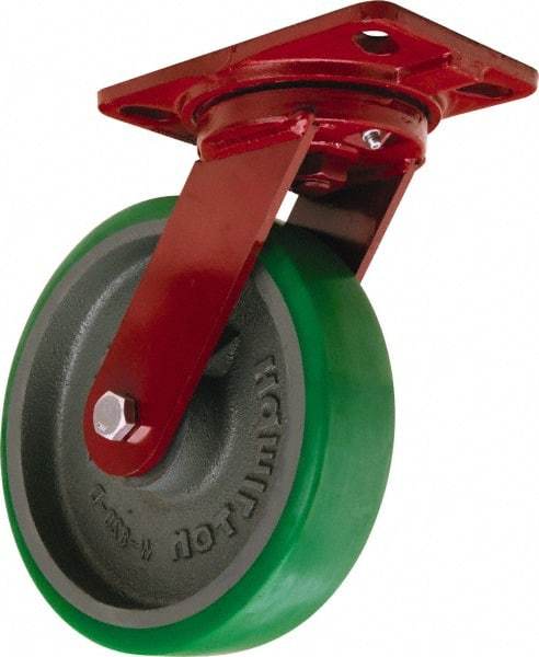 Hamilton - 8" Diam x 2" Wide x 9-3/4" OAH Top Plate Mount Swivel Caster - Polyurethane Mold onto Cast Iron Center, 1,500 Lb Capacity, Tapered Roller Bearing, 4-1/2 x 6-1/2" Plate - Caliber Tooling