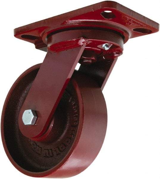 Hamilton - 6" Diam x 2" Wide x 7-3/4" OAH Top Plate Mount Swivel Caster - Cast Iron, 1,400 Lb Capacity, Sealed Precision Ball Bearing, 4-1/2 x 6-1/2" Plate - Caliber Tooling