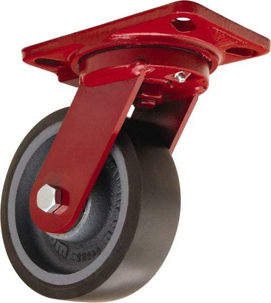 Hamilton - 6" Diam x 2" Wide x 7-3/4" OAH Top Plate Mount Swivel Caster - Polyurethane Mold onto Cast Iron Center, 1,560 Lb Capacity, Tapered Roller Bearing, 4-1/2 x 6-1/2" Plate - Caliber Tooling