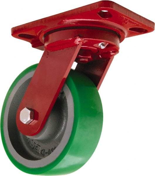 Hamilton - 6" Diam x 2" Wide x 7-3/4" OAH Top Plate Mount Swivel Caster - Polyurethane Mold onto Cast Iron Center, 1,200 Lb Capacity, Sealed Precision Ball Bearing, 4-1/2 x 6-1/2" Plate - Caliber Tooling