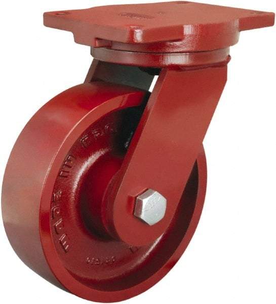 Hamilton - 8" Diam x 2-1/2" Wide x 10-1/2" OAH Top Plate Mount Swivel Caster - Cast Iron, 2,500 Lb Capacity, Straight Roller Bearing, 6-1/8 x 7-1/2" Plate - Caliber Tooling