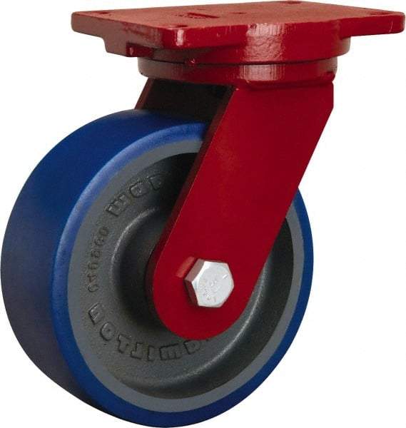 Hamilton - 8" Diam x 3" Wide x 10-1/2" OAH Top Plate Mount Swivel Caster - Polyurethane Mold onto Cast Iron Center, 2,000 Lb Capacity, Precision Tapered Roller Bearing, 6-1/8 x 7-1/2" Plate - Caliber Tooling