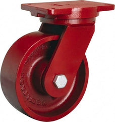 Hamilton - 8" Diam x 3" Wide x 10-1/2" OAH Top Plate Mount Swivel Caster - Cast Iron, 2,600 Lb Capacity, Tapered Roller Bearing, 6-1/8 x 7-1/2" Plate - Caliber Tooling