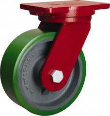 Hamilton - 8" Diam x 3" Wide x 10-1/2" OAH Top Plate Mount Swivel Caster - Polyurethane Mold onto Cast Iron Center, 2,500 Lb Capacity, Tapered Roller Bearing, 6-1/8 x 7-1/2" Plate - Caliber Tooling